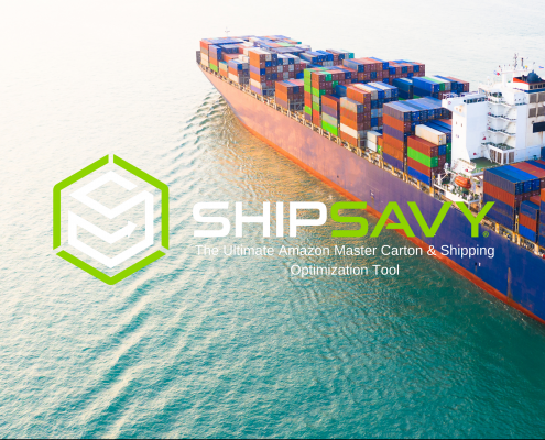 Container ship on the water with ShipSavy logo