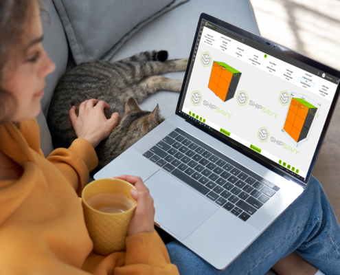 Lady & cat with laptop showing ShipSavy Master Carton Optimizer result