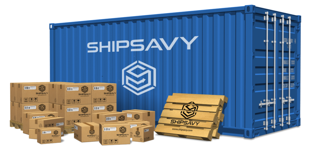 Blue ShipSavy shipping container with pallets & master cartons