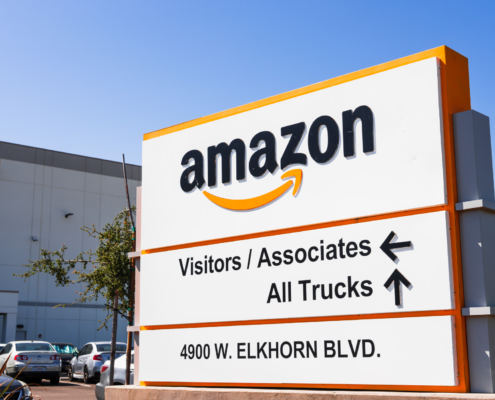 Directory sign outside Amazon fulfillment center warehouse