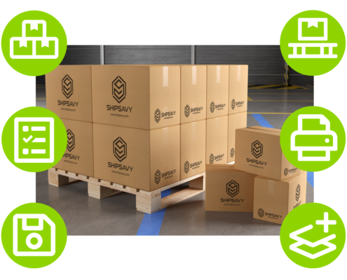 Pallet of Master Cartons with infographic overlay of icons